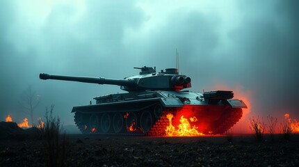 Powerful Armored Tank Advancing Through a Burning Battlefield with Flames and Smoke in the Background