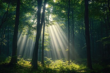 A dense forest with towering trees, the rays of sunlight breaking through the canopy, creating a mystical and serene atmosphere
