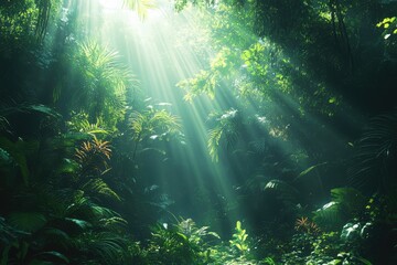 A dense jungle filled with vibrant flora and fauna, the scene illuminated by dappled sunlight filtering through the thick canopy above