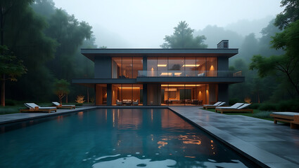 Fototapeta premium Modern Luxury Mansion with Pool Surrounded by Lush Greenery and Warm Ambient Lighting in a Serene Setting