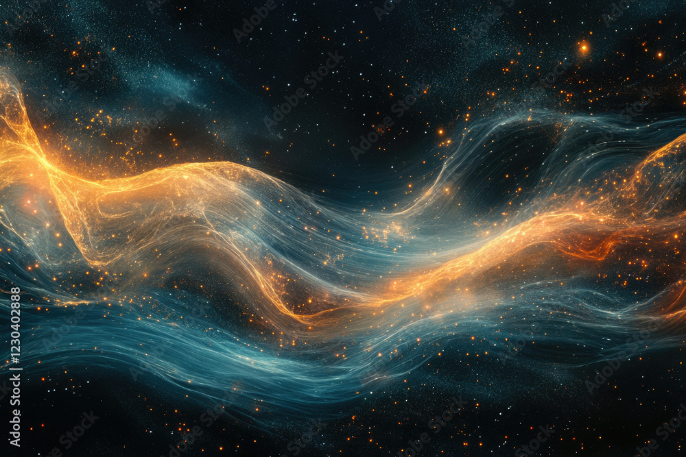 Poster glowing cosmic waves and nebulae swirl across a starry backdrop, creating a mesmerizing abstract cel