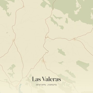Retro Spanish map of Las Valeras, Castilla-La Mancha. Vintage street map.