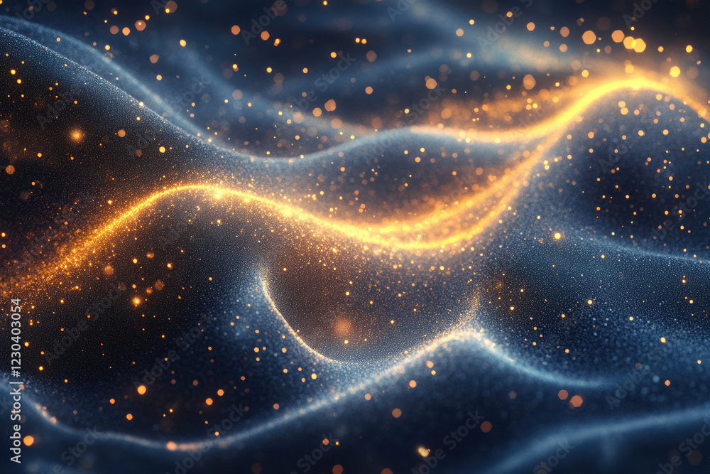 Poster Abstract background with glowing particles forming dynamic waves and glittering textures.