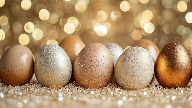 Close up luxury easter eggs with golden glitter on sparkling background. Horizontal video