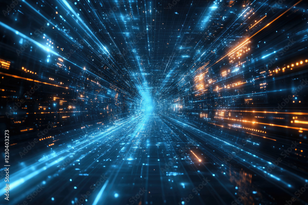 Aufkleber Abstract digital tunnel with glowing blue and orange data streams, representing high-speed information flow.