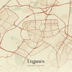 Retro Spanish map of Legan�s, Comunidad de Madrid. Vintage street map.