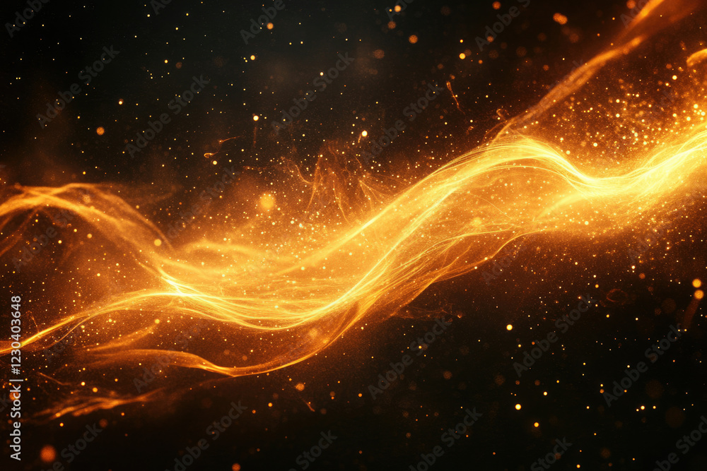 Poster Abstract golden wave with sparkling particles on a dark background, creating a luxurious and energetic feel.
