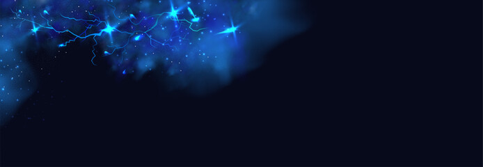 Powerful electrical current energy. Flash of lightning in a magic frame. Neon discharge in smoke effect.