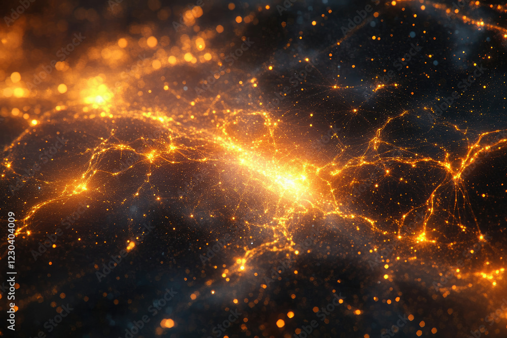 Aufkleber abstract cosmic artwork depicting a vibrant network of golden energy streams and particles in a dark