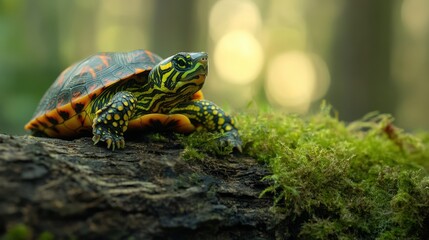 Obraz premium Colorful turtle resting on a mossy log in a serene forest with blurred green background
