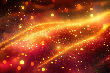 Obraz premium Abstract background with golden and red glitter particles and bokeh lights creating a shimmering, wavy texture.