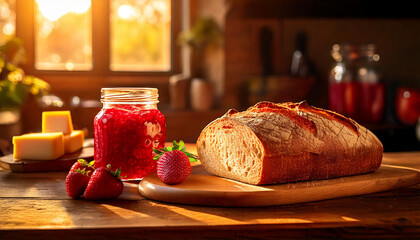 AI generated image of fresh baked bread on a kitchen counter, with a jar of strawberry jam.