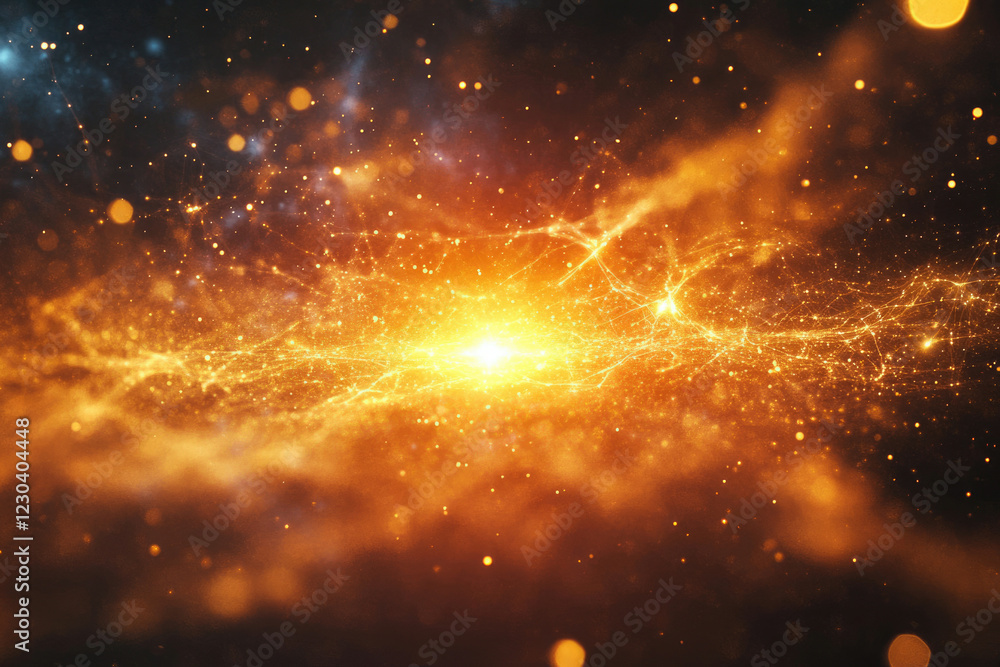 Poster Abstract cosmic background with glowing particles and energy streams, creating a fiery nebula effect.