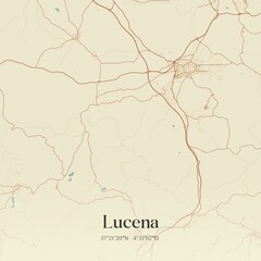 Retro Spanish map of Lucena, Andaluc�a. Vintage street map.