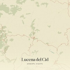 Retro Spanish map of Lucena del Cid, Comunidad Valenciana. Vintage street map.