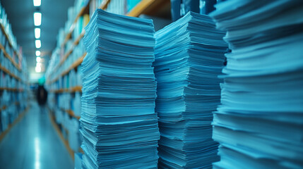 Stacks of disorganized papers symbolizing chaos in document management, minimalistic bright tone, modern blurred background, empty caption space to the side

