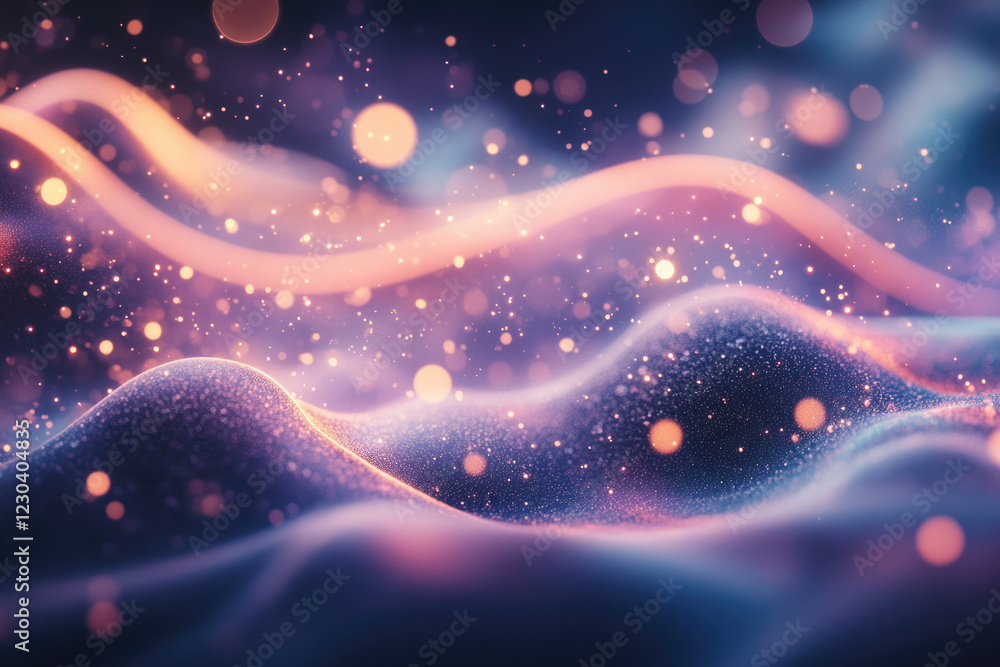 Poster abstract cosmic landscape with glowing particles and flowing energy waves, creating a dreamy, ethere