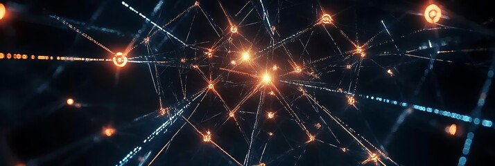 Fototapeta premium Network of Connections: A mesmerizing abstract visual of interconnected nodes pulsating with light, evoking a sense of global communication, data flow, and the intricate web of digital connections.
