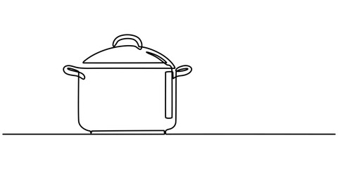Saucepan Single Line Icon, Steaming cooking pot icon continuous one line drawing, continuous single drawn one line saucepan hand-drawn picture silhouette. Line art. doodle. Kitchen appliances concept.