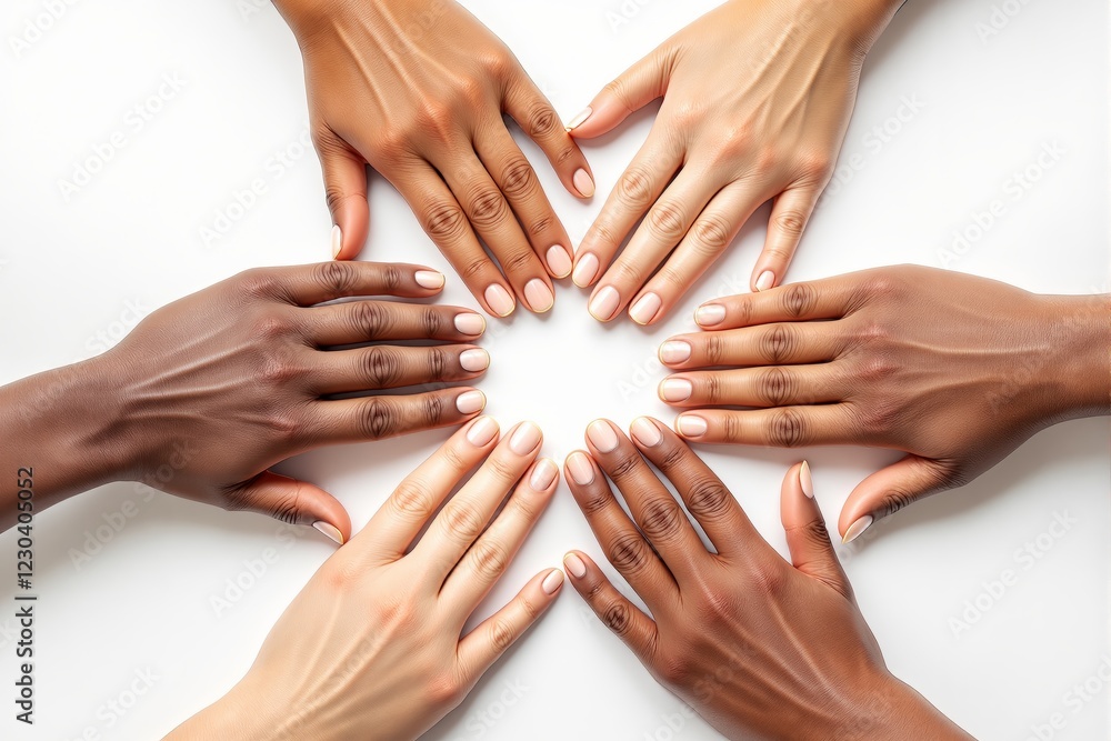 Poster unity and diversity depicted with hands of different skin tones arranged in a harmonious circle on a