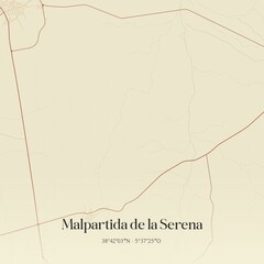 Retro Spanish map of Malpartida de la Serena, Extremadura. Vintage street map.