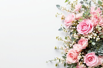 Fototapeta premium Floral arrangement with pink roses and greenery on white background.