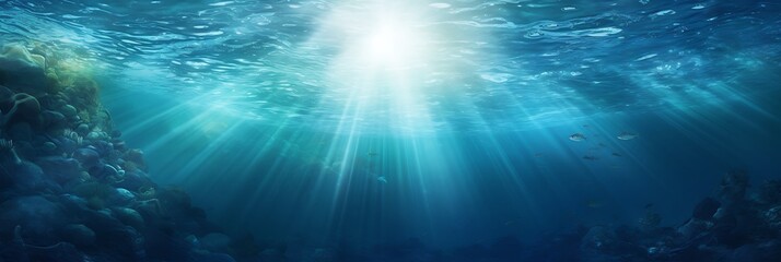 Ocean's Light: Sunbeams pierce the deep blue ocean, illuminating a mystical underwater scene.  Particles dance in the light, creating an ethereal and serene atmosphere.