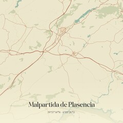Retro Spanish map of Malpartida de Plasencia, Extremadura. Vintage street map.