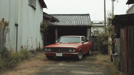 Fototapeta premium Classic red car parked in a rustic alleyway between aged buildings.