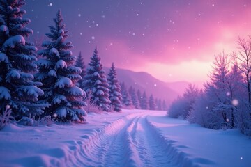 Magical snowfall on a misty purple winter background, Evening Sky, Winter Wonderland, Purple Hues