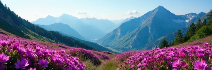 Fototapeta premium Majestic mountains in the background with purple heather blooming, mountains, wilderness