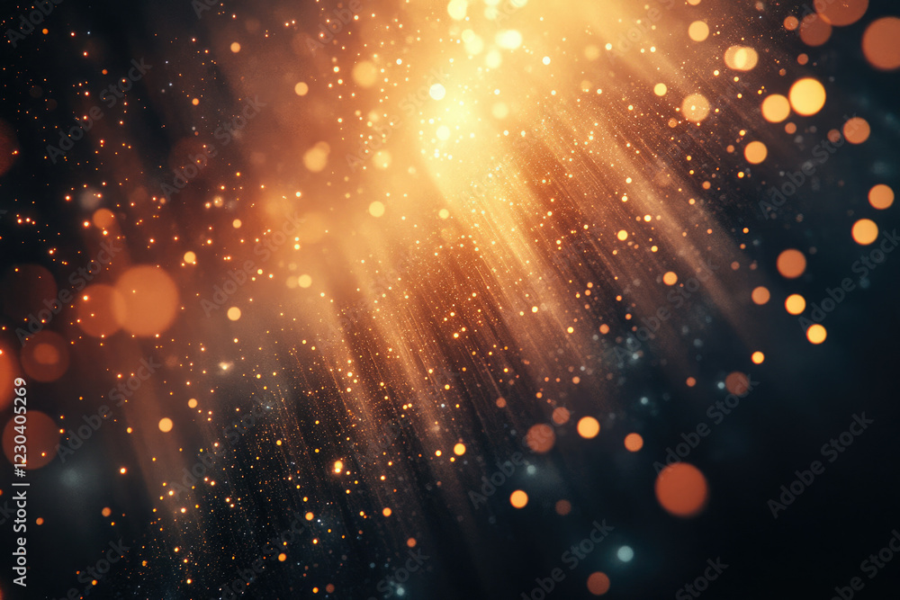 Poster golden light rays burst through dark space, illuminating dust and bokeh, creating a magical, celesti