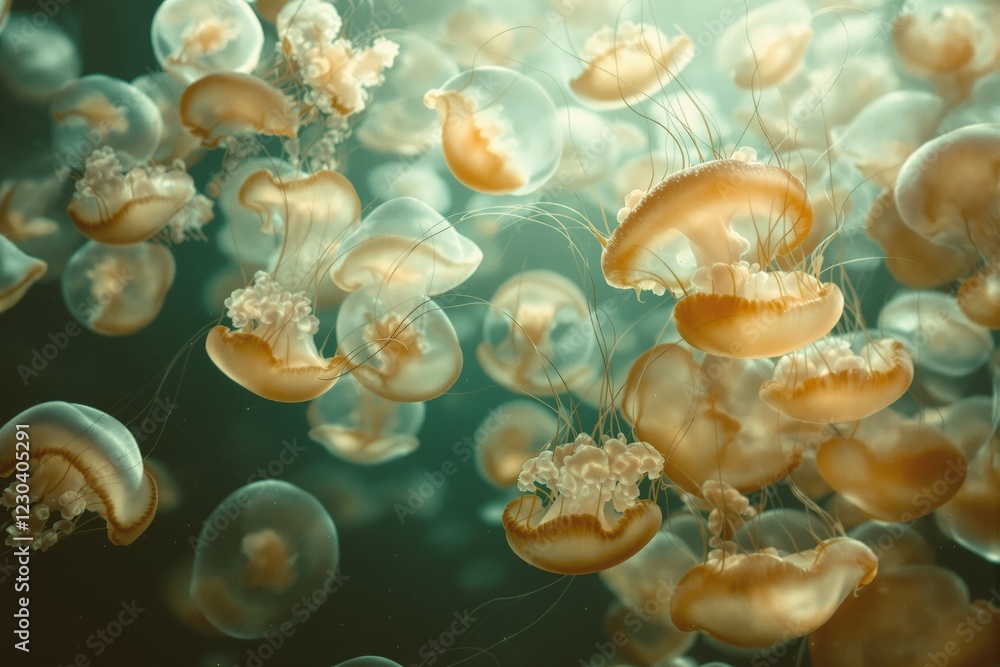 Poster mesmerizing jellyfish floating underwater with soft light.