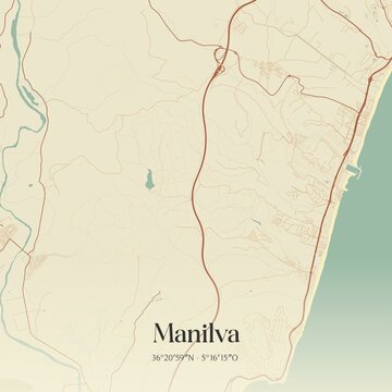 Retro Spanish map of Manilva, Andaluc�a. Vintage street map.