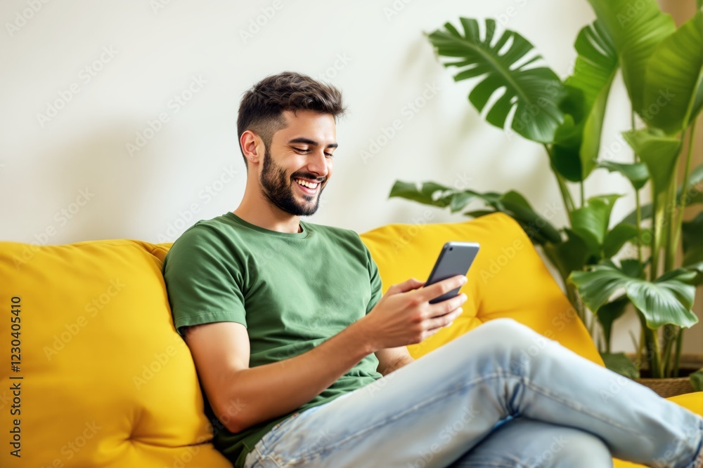 Poster man smiling, using smartphone while sitting on a yellow sofa in a cozy living room with green plants