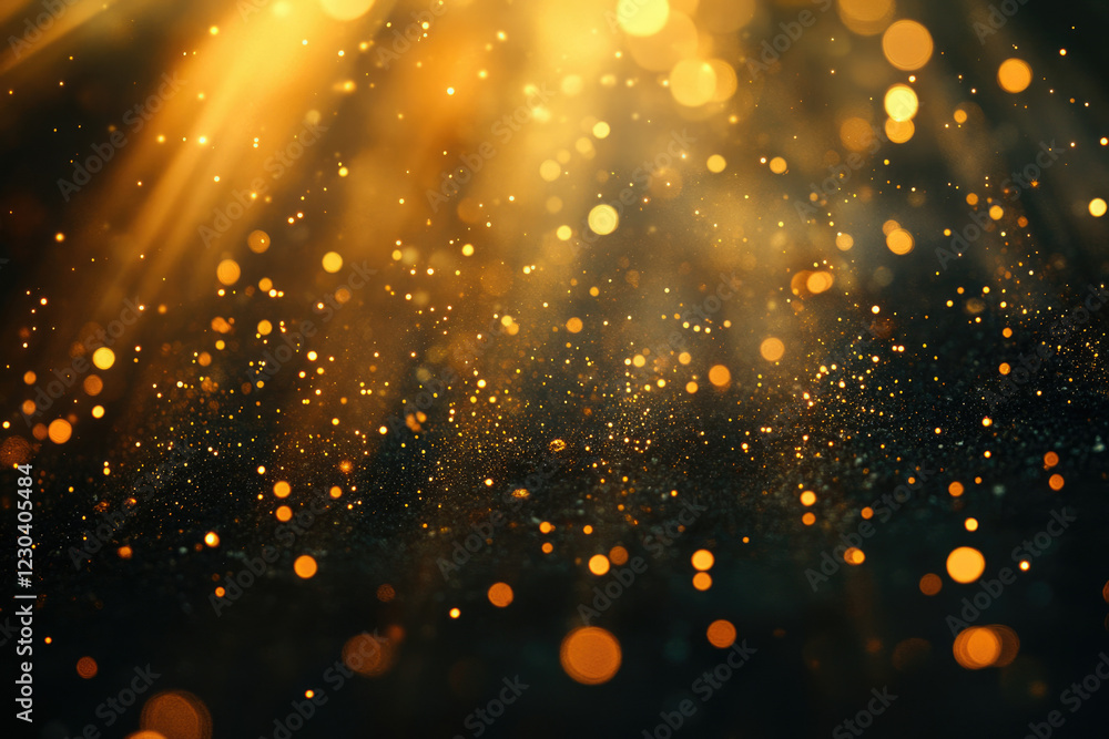 Poster Dark background with golden bokeh lights and sparkles, creating a luxurious and festive atmosphere.