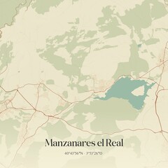 Naklejka premium Retro Spanish map of Manzanares el Real, Comunidad de Madrid. Vintage street map.