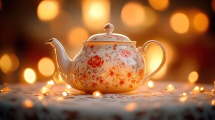 Floral teapot on table with warm lights.