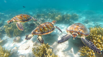 Sea Turtles in Coral Reef: Three majestic green sea turtles gracefully glide through a vibrant coral reef, their ancient wisdom reflected in their serene movements.