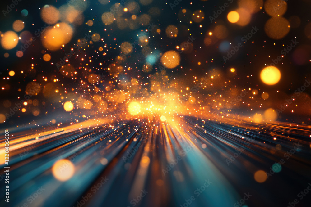 Poster Abstract background with glowing particles and streaks of light converging towards the viewer.