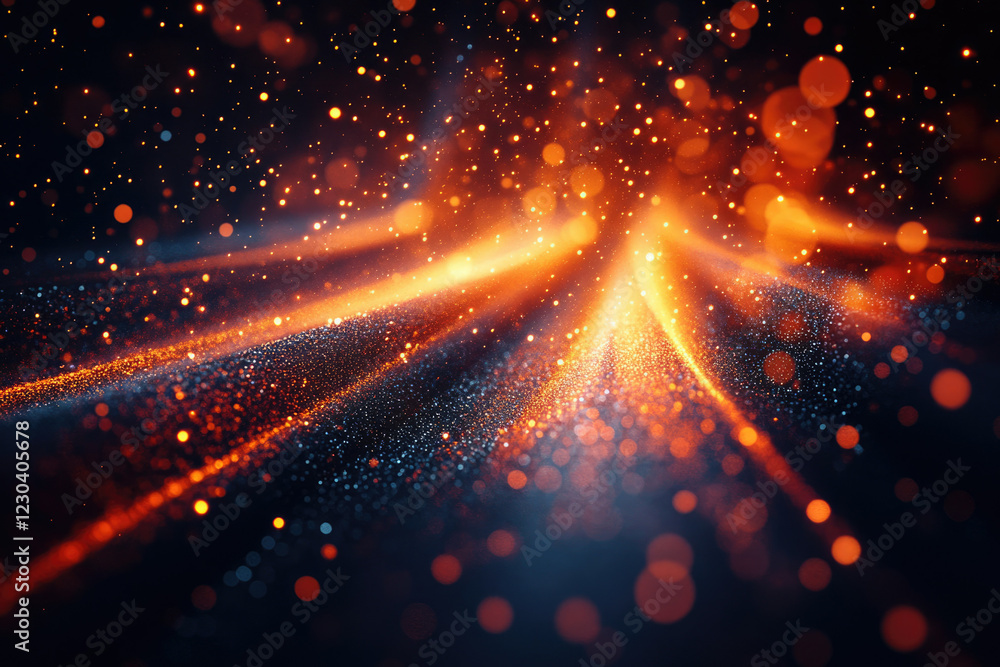 Poster abstract cosmic landscape with glowing orange and blue particles, creating a mesmerizing effect.