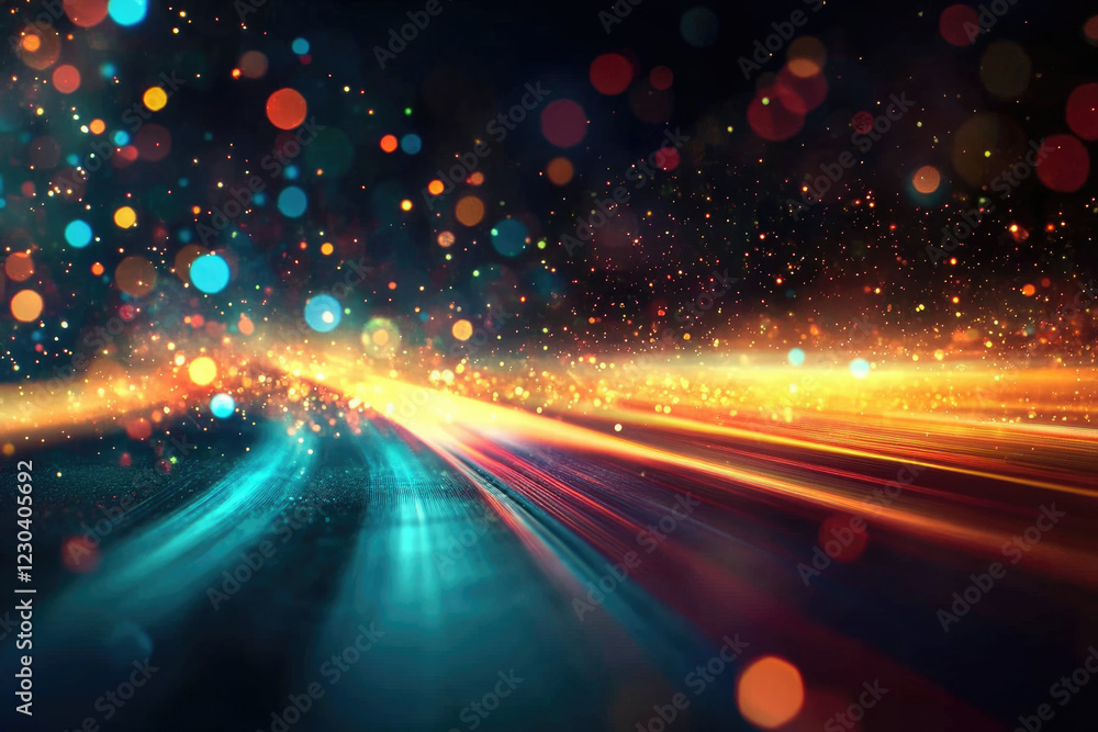 Poster Vibrant streaks of light and bokeh illuminate a dark, glittering path, creating a dynamic and energetic scene.