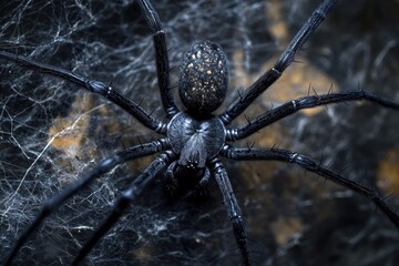 Spider web with a black spider in the center . . A spider is positioned in the center of a web, highlighting the intricate patterns woven by its skilled legs.
