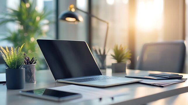 Modern Workspace Minimalism: A sleek laptop rests on a clean white desk, surrounded by potted plants and office essentials. Sunlight streams in from a large window. - Powered by Adobe