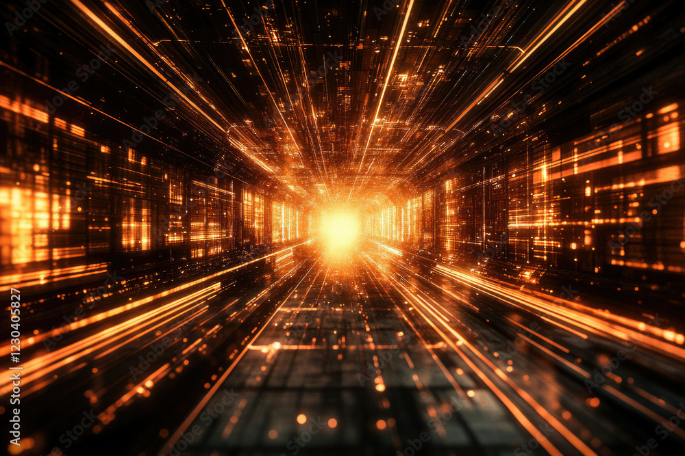 Poster a digital tunnel of glowing orange lines and data streams, representing high-speed data transfer and