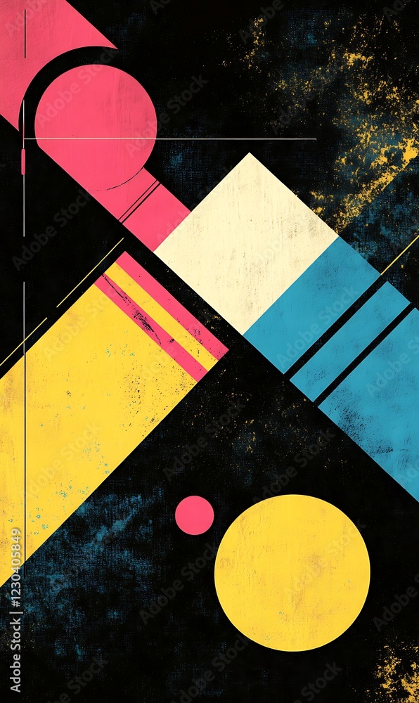 Poster abstract geometric shapes and intersecting diagonal lines in rusty yellows, pinks, and blues as a vi