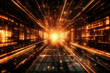 A digital tunnel of glowing orange lines and data streams, representing high-speed data transfer and technological advancement.