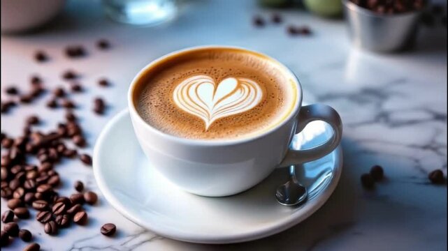 A beautifully crafted latte with a heart design on a marble table.