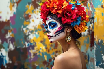 Naklejka premium Vibrant woman in Day of the Dead makeup with floral crown against colorful abstract background.