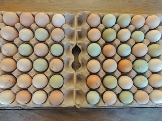 colored eggs of domestic hens of different breeds lying in cardboard cells on a wooden table, seen from above, selected chicken eggs for incubation with dirty multi-colored shells